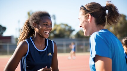 A young African American girl laughing with her tennis coach at the tennis training court. Generative ai