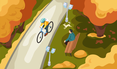 Personage riding bike in autumn park or forest