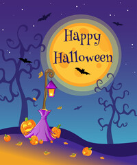Naklejka premium Vector festive poster for the Halloween holiday with pumpkins, broomsticks, foxes