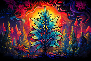 Graphic representation of legal, medicinal marijuana in 1970s psychedelic style. AI generative. - obrazy, fototapety, plakaty