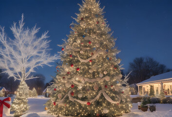 View of beautifully decorated Christmas tree outdoors. generated by AI