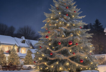 View of beautifully decorated Christmas tree outdoors. generated by AI