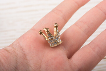 Little model crown is placed in hand