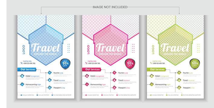 Tour Agency poster or travel flyer design template bundle. Editable tour poster template set