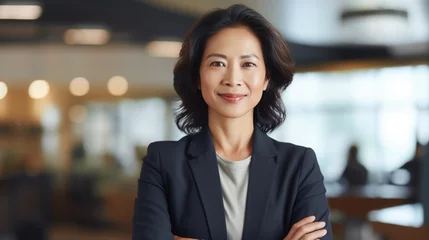 Fotobehang Asian mature businesswoman standing arm cross in the office © EmmaStock