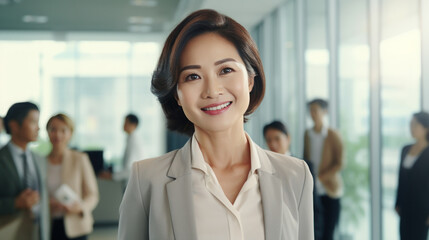 Asian mature businesswoman standing arm cross in the office