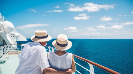 A senior couple is seen enjoying their time on a cruise ship, standing on the deck with a beautiful ocean view in the background. Enjoying their retirement and each others company. - obrazy, fototapety, plakaty