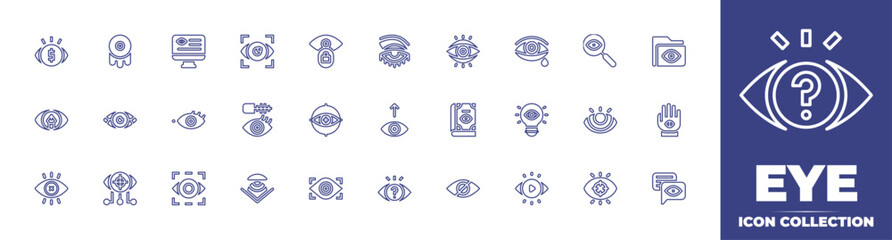 Eye line icon collection. Editable stroke. Vector illustration. Containing twiggy eye, eye, red eye, vision, virtual, scan, identity, visibility, mascara, medical prescription, contact lens, piercing.