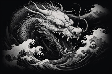 Japanese Fantasy Dragon  A Force of Nature in Vintage Monochrome, Isolated Vector Illustration