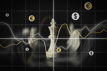 Finance graph with chess on black background.