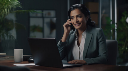 Indian businesswoman or corporate employee using laptop and talking on smartphone