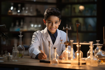 Indian little boy wearing scientist's clothes is doing experiments at lab