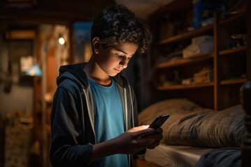 Indian boy using smartphone to late night - obrazy, fototapety, plakaty
