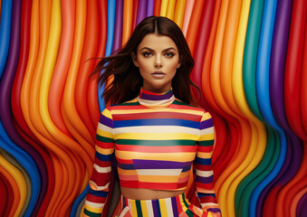 Young lady wearing striped clothing over a striped background