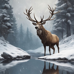 deer in winter forest  generative ai
