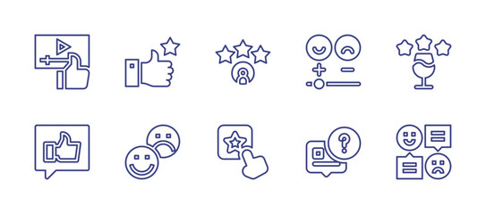 Feedback line icon set. Editable stroke. Vector illustration. Containing video, thumb up, star, satisfied, rate, praise, evaluation, rating, survey, opinions.