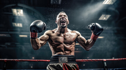 Fototapeta na wymiar A victorious boxer as he raises his hands in celebration after winning a hard-fought battle