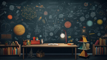 Draw some picture on chalkboard and arranging stationery. back to school concept. - obrazy, fototapety, plakaty
