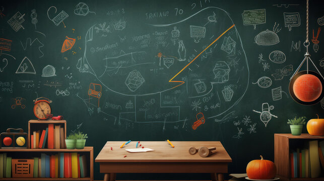 Draw some picture on chalkboard and arranging stationery. back to school concept.