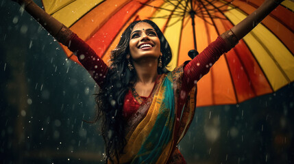 Young indian woman dancing and giving happy expression in rain