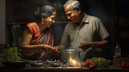 Indian senior couple cooking together - obrazy, fototapety, plakaty