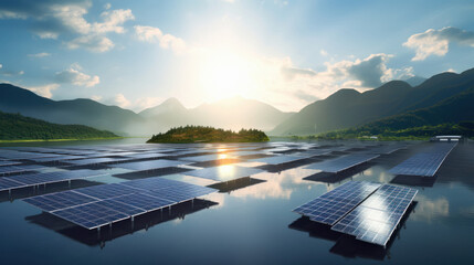 Solar panels on lake - obrazy, fototapety, plakaty