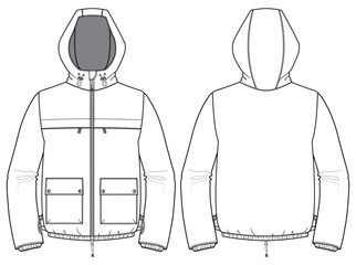 All weather  Hoodie jacket design flat sketch Illustration, Hooded sweater jacket with front and back view, Anorak winter jacket for Men and women. for hiker, outerwear and workout in winter