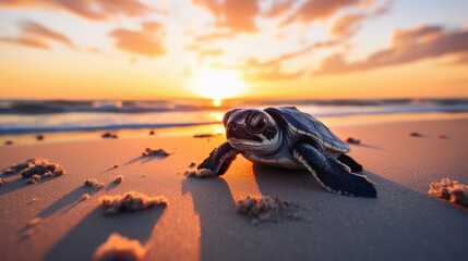 Baby turtle on beach with sun lights - obrazy, fototapety, plakaty