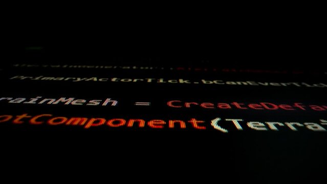 Closeup macro shot movement of coding script moving across LED screen with real-time AI-generated typing, showcasing advanced AI learning in optimization, debug and coding for software development.