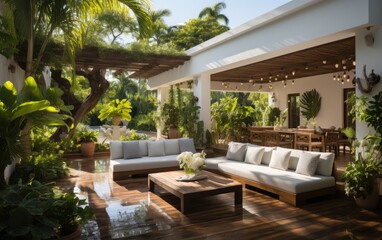 Tropical plants in a modern house outdoor garden lots of light with white chill out area, pergola,...
