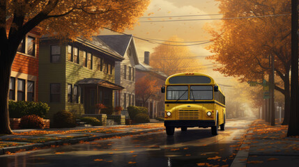 Painting of a school bus driving down the street near trees