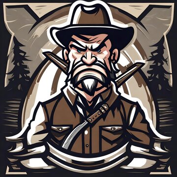 A logo for a business or sports team featuring a fictional masculine angry cartoon cowboy wearing a cowboy hat that is suitable for a t-shirt graphic.