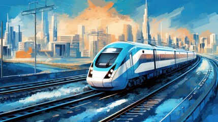 hand drawn blue and white modern electric train on rails moving through a city - obrazy, fototapety, plakaty