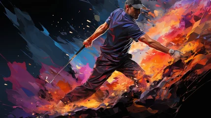Poster drawing of a golf player hitting the ball on the graphic background © RWC