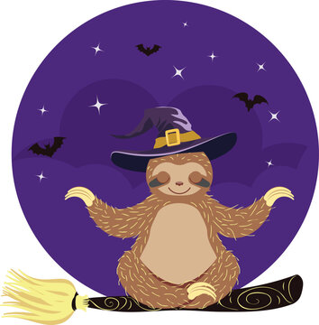 Sloth flying on witch broom