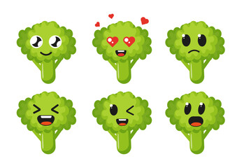 Cute broccoli with kawaii muzzles.  Vector illustration of a flat drawing of broccoli on a white background