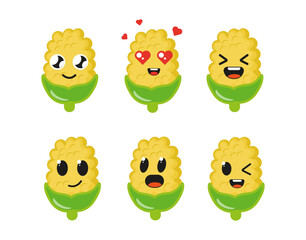 Cute corn with kawaii muzzles.  Vector illustration of a flat drawing of corn  on a white background