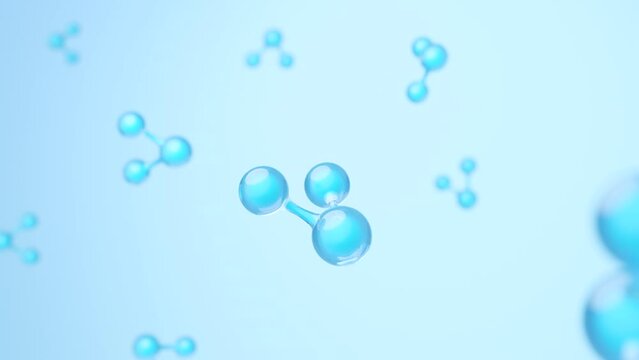 Water molecules atom floating on blue background for science and new clean energy concept. 3D rendering.