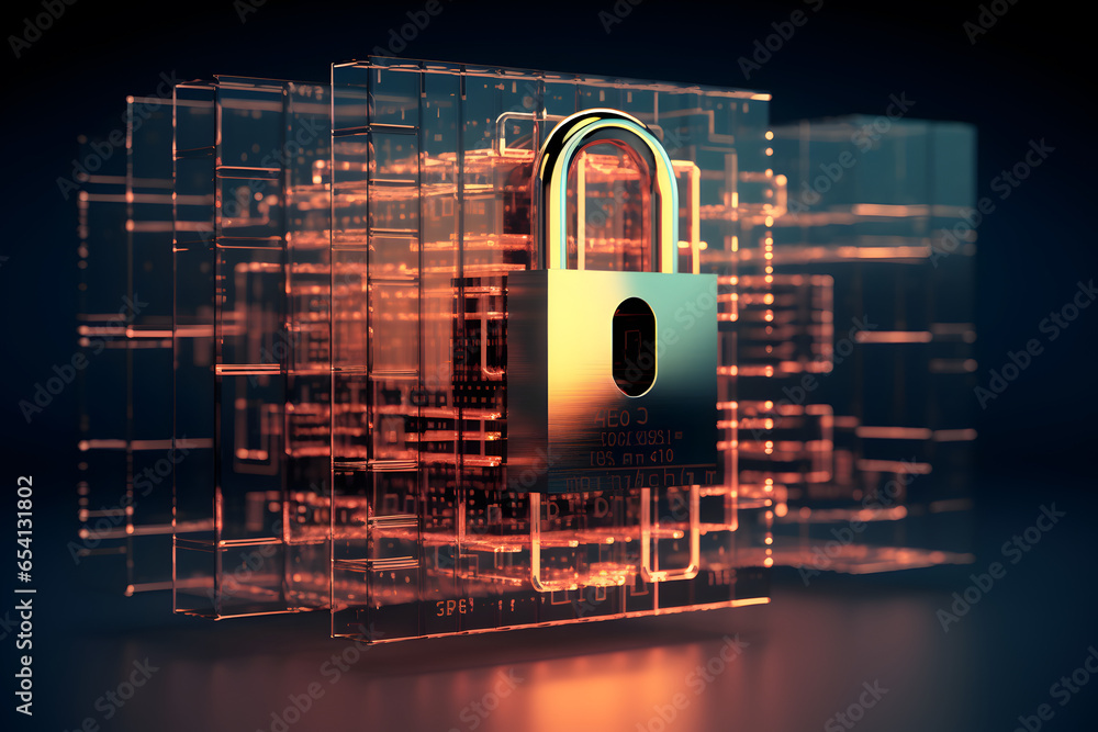 Poster lock with circuit pattern. concept of data security, cybersecurity, cyber defense, etc.