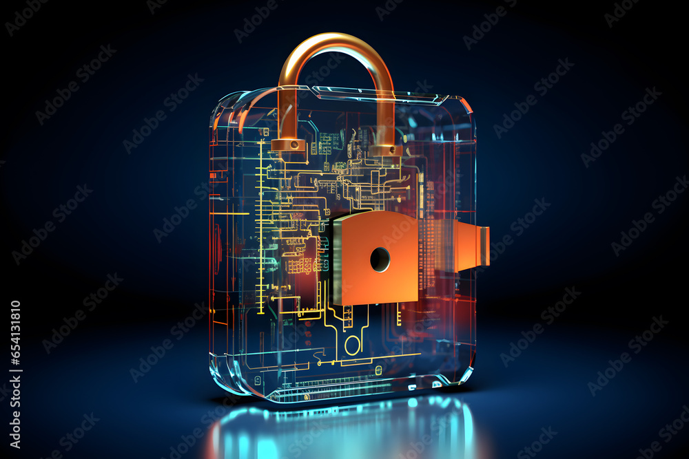 Poster lock with circuit pattern. concept of data security, cybersecurity, cyber defense, etc.