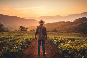 Farmer standing in the field at sunset. Agriculture and farming concept. - obrazy, fototapety, plakaty