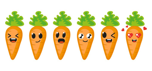 Cute carrot with kawaii muzzles.  Vector illustration of a flat drawing of carrot on a white background