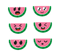 Cute watermelon with kawaii muzzles.  Vector illustration of a flat drawing of watermelon on a white background