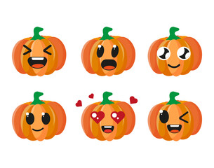 Cute pumpkin with kawaii muzzles.  Vector illustration of a flat drawing of pumpkin on a white background