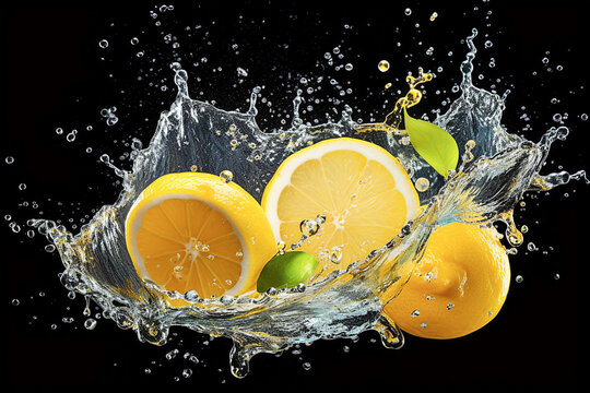 Fresh lemons on water splash