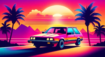 Deurstickers Vintage 1920s summer vibes: An elegant car heads into a beautiful sunset in this evocative illustration. © Sachin