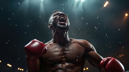 A victorious boxer as he raises his hands in celebration after winning a hard-fought battle - obrazy, fototapety, plakaty