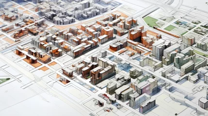 Foto op Aluminium A detailed, technical blueprint showcasing urban planning and city zoning. A layout of a city, including residential, commercial, industrial zones and transportation routes and green spaces. © TensorSpark