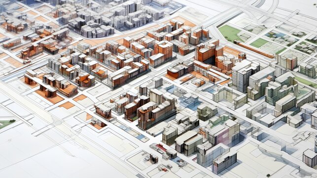 A detailed, technical blueprint showcasing urban planning and city zoning. A layout of a city, including residential, commercial, industrial zones and transportation routes and green spaces.