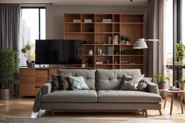 Grey Sofa near Decorations Interior, Modern Living Room, using Generative Ai